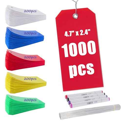 1000 PCS Plastic Shipping Tags with Wire, Waterproof Labeling Tags for Luggage, Inventory & Shelf, 5 Colors (Red, Yellow, Blue, Green, White), 4.72"x2.36", Includes 4 Markers and 1000 Iron Wires