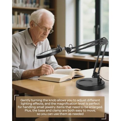 LANCOSC 10X Magnifying Glass with Light and Stand, Switch Knob for Multi-Color Modes Stepless Dimmable, LED Lighted Desk Lamp & Clamp, Hands Free Magnifier for Repair Crafts Hobby Painting Close Work