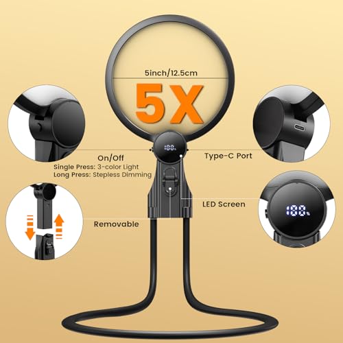 AIXPI 5X Large Rechargeable Hands-Free Magnifying Glass with Light - Black