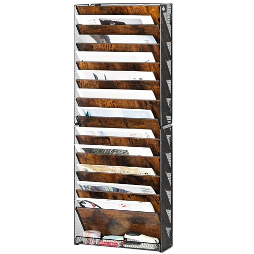 12-Tier Wall File Organizer, Wood Mail Organizer Wall Mounted Paper Document Magazine Holder, Hanging Clipboard Storage Basket with Tray for Office Home School Organization, Black/Antique
