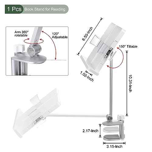 YOKIVE Book Stand for Reading, Adjustable Holder with 360¡Æ Rotating Arm & Page Clips, Portable Sturdy Book Holder, Great for Textbook (Silver, 10.3-inch)