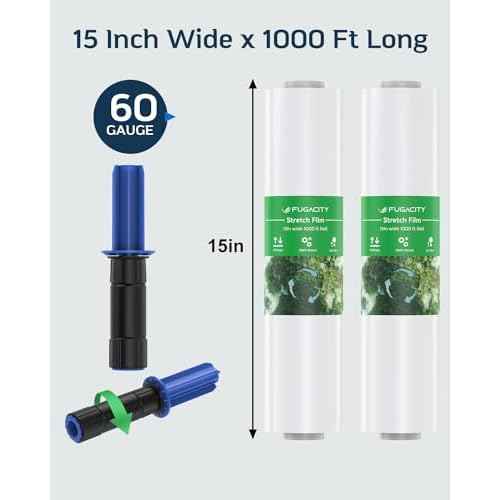 Stretch Wrap Film-2 Pack 15 inch Wide 1000ft Heavy Duty Shrink Wrap,60 Gauge 500% Stretch Industrial Strength for Pallet Wrap, Furniture Wrapping Moving & Protection,2 Roll with Handles