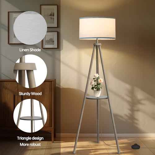 Floor Lamps for Living Room, Modern Standing Lamp with Shelf, 3 Color Temperature Led Bulb Tall Lamps with Foot Switch for Bedroom and Office, Grey