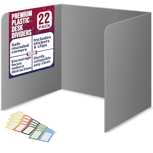 Grey 22-Pack Desk Dividers for Students Waterproof & Durable Classroom Privacy Shields - Easy-to-Clean Study Carrel Folders
