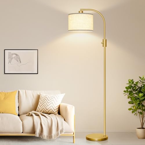 Nintiue Gold Linen Shade Modern Arc Floor Lamp with Dimmable LED Bulb Included