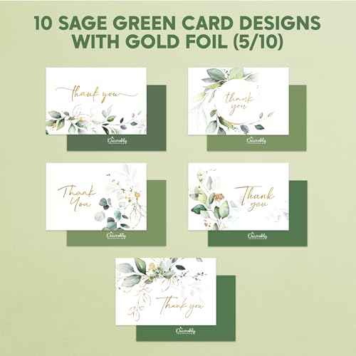 Decorably 100 Pack Gold-Foiled 6x4in Sage Green Thank You Cards with Envelopes, 10 Elegant Designs Folded Greenery Thank You Cards with Envelopes, Blank Inside - Wedding, Bridal Shower, Baby Shower