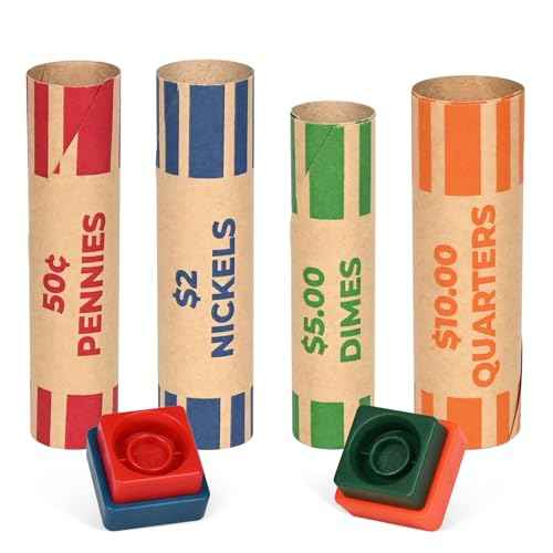 THEBLUETOUCH 512 Preformed Coin Roll Wrappers, Coin Wrapper Assorted with Crimped Edge Sealer - 128 Each for Pennies, Nickels, Dimes, Quarters