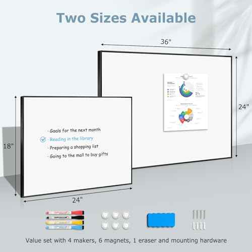 Dry Erase White Board, 24'' x 18'', Wall Hanging Magnetic Whiteboard for Home Office School Kitchen, Black Aluminum Frame