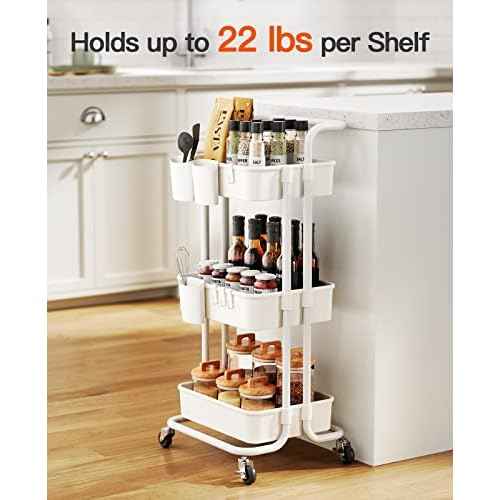 Pipishell 3-Tier Rolling Cart with Wheels - Rolling Storage Cart with Hanging Cups & Hooks - Mobile Utility Cart for Office, Kitchen, Craft Room - Art & Craft Organizer, White, PIUC06W
