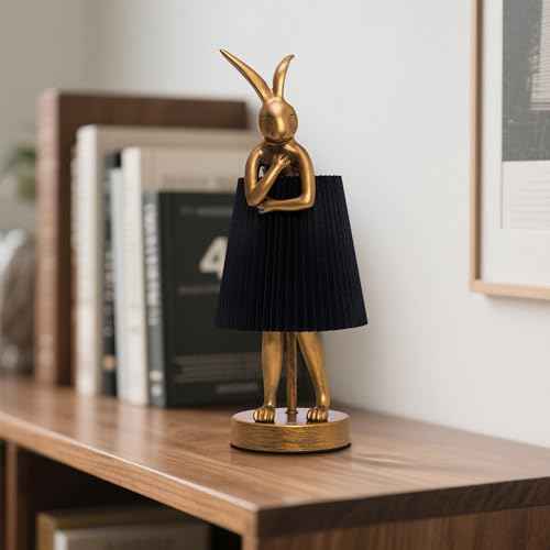Rabbit Table Lamp with Linen Shade & Gold-Toned Resin Base Cordless Rechargeable LED Table Lamp for Kids Room, Bedroom, Nightstand, Nursery.