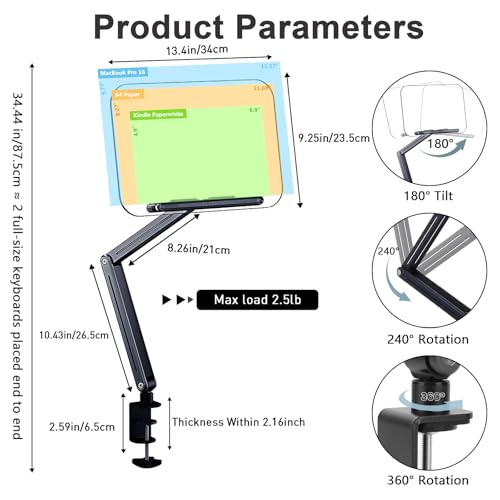 ASIEIT Book Stand with Clamp, Acrylic Desk Clamp Book Holder, 360¡Æ Cookbook Stand for Kitchen, Recipe Book Stand, Height and Angle Adjustable, Foldable and Portable for Office, Bible,Magazine,Laptops