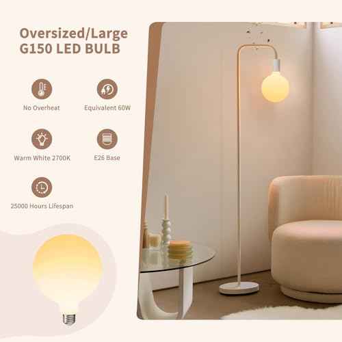 ONEWISH Modern Floor Lamp, Minimalist Standing Lamp with LED Bulb - Matt White Globe Glass 2700k Warm Light. 5.4ft Tall Floor Lamp for Livingroom, Bedroom, Office