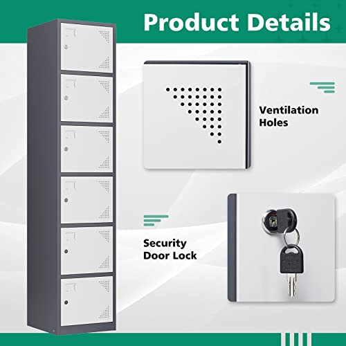 Letaya 71" 6-Door Metal Locker Cabinet Gray White for Office, Home, Gym | Lockable Storage