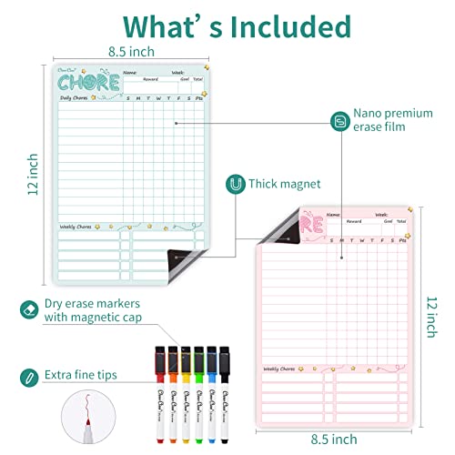 Clever Clean Magnetic Dry Erase Chore Chart Set for Kids & Teens - Blue & Pink, 8.5x12 inches with 6 Markers