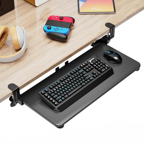 Large Keyboard Tray That Slides Out from Under The Desk, Pull Out with Adjustable C-clamp, 25.6 (31.5 Including Clamps) x 11.8 Inch Computer Keyboard Drawer Mouse Tray for Typing, Black