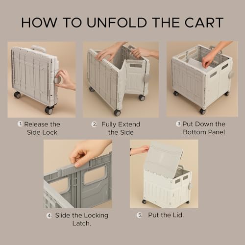 Elly Utility Cart Foldable with 4 Smooth-Rotate Wheels, Telescopic Handle & Snap-Closure Lid, Heavy-Duty Design for Daily Carrying Needs, Rolling Crate Perfect for Shopping, Office, Travel and Storage