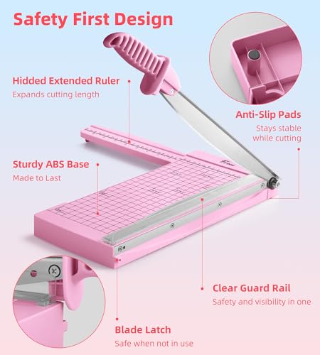 Firbon Pink 12-Inch Guillotine Paper Cutter with Hidden Ruler, Compact Trimmer