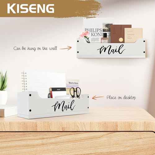 White Wooden Mail Organizer Countertop - Mail Organizer Wall Mounted, Office Mail Holder, Desktop Mail Basket for Counter, Letter Holder Box for Home Office Decor (White +Black Mail, 3.15")