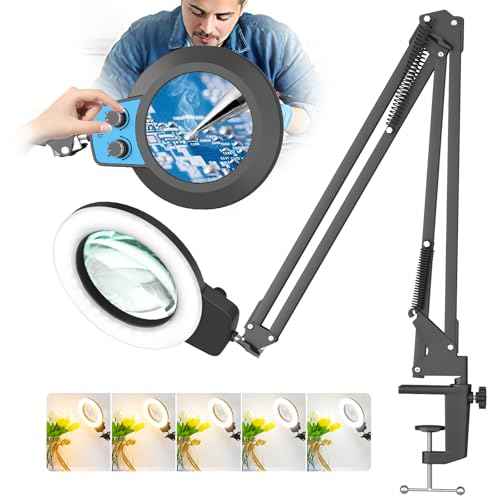 HITTI 12X Long Magnifying Glass with Light, 2025 Upgrade Infinite Color and Brightness LED Magnifying Lamp with Clamp, Hands Free Magnifier Light and Stand for Workbench Crafts Reading Painting - Blue