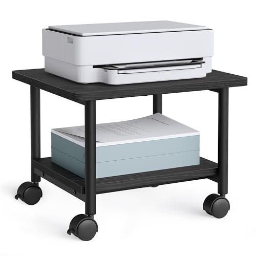 VASAGLE Ebony Black 2-Tier Mobile Printer Stand with Locking Wheels, Under Desk Office Table