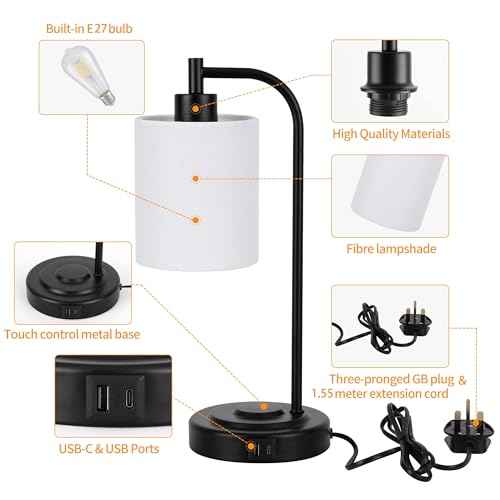 Modern Desk Lamp with Fast Dual USB A+C Charging | Touch Control Bedside Table Lamp for Bedroom Office, Fabric Shade, Metal Base, Bulb Included
