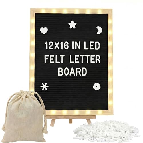 Wearage 12x16 Inch Felt Letter Board with LED Light & Natural Wood Frame, Black