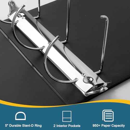 5" 3 Ring Binder, Standard 5-Inch Slant-D Ring Binder Fit Letter Size Paper, Presentation View Binders, 2 Packs, Black