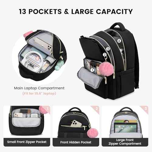LOVEVOOK School Backpack for Teen Girls, Student Backpack Purse for 14-16 Teenage, Cute Kid Bookbag, Back to School Backpacks Fit 15.6 Inch Laptop, Large College Travel Bag, Black