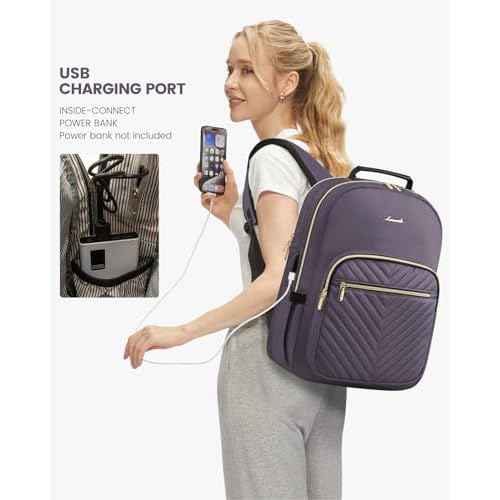 LOVEVOOK Laptop Backpack Purse for Women, Large Capacity Travel Business Computer Work Bag, Quilted Casual Nurse Backpack for Womens, Fit 15.6 Inch Laptop with USB Port, Purple Grey