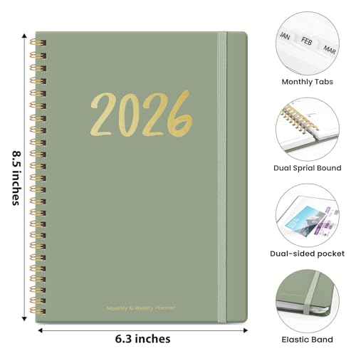 2026 Planner - Weekly and Monthly Planner, January 2026 to December 2026, Spiral Bound 2026 Calendar Planner Book, Inner Pocket, Perfect for Office Home School Supplies - A5 (6.3" x 8.5"), Green