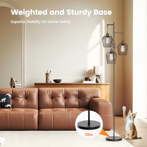 Dimmable Floor Lamp, Farmhouse Industrial Floor Lamp with Elegant Cage & 3 x 1000LM LED Bulbs, Tall Standing Lamp Black Tree Floor Lamps for Living Room Bedroom Office