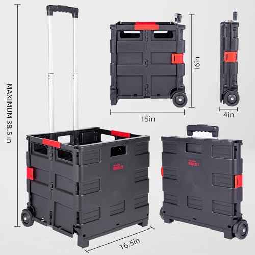 JJRING Folding Rolling Crate, Portable Utility Cart, Collapsible Handcart Shopping Trolley, Rolling Crate with Wheels for Teacher, Grocery, Office and Luggage