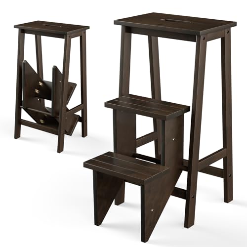 Costzon Brown 30" 3-Step Folding Stool with Handle, 3 in 1 Wooden Step Ladder