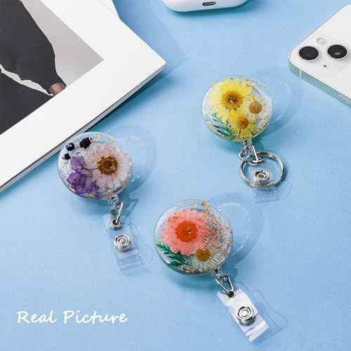 3 Pcs Flower Badge Reel Convenient Badge Reels Retractable with Key Ring Nurse Badge Holder Dried Floral Resin ID Badge Clip for Teacher Nurse Doctor Worker (Round)