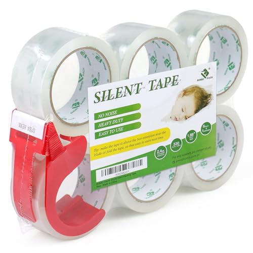 BOMEI PACK No Noise Clear Packing Tape 1.88in x 55yds Refill Rolls Heavy Duty, 6 Rolls with Dispenser