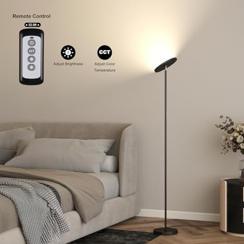 JOOFO Black LED Torchiere Floor Lamp with Remote & Stepless Dimming
