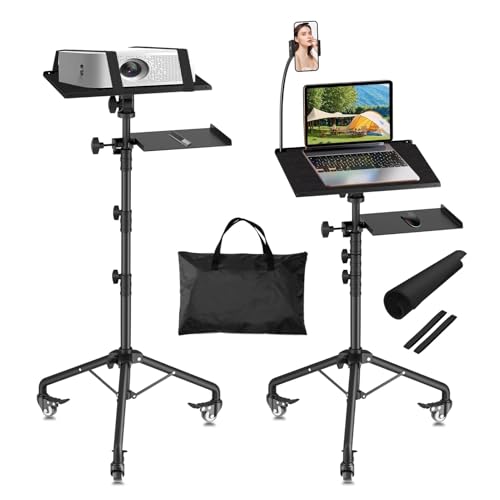 Projector Stand Tripod Laptop Tripod on Wheels with 2 Shelves, Adjustable Height 26 to 49 Inch Portable Podium Stand with Gooseneck Phone Holder for Office, School, Home, DJ Racks