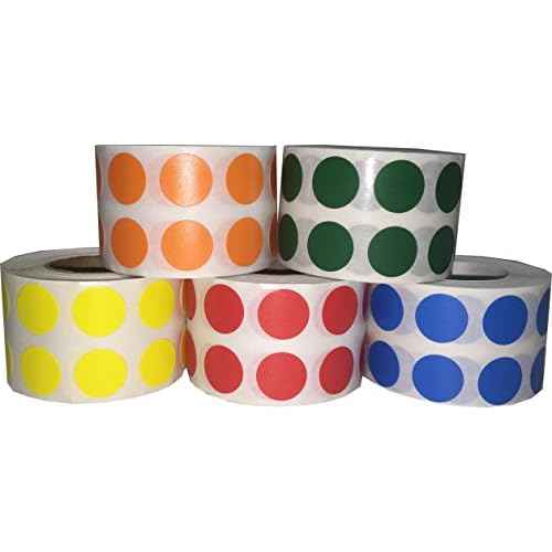 5 Different Color Coding Dot Stickers 12.7 mm 0.5 Inch Round 1000 Each Color 5000 Total Count