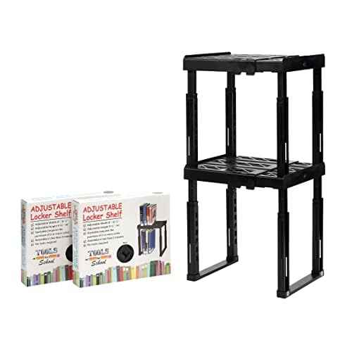 Tools-for-School Height & Width Adjustable Locker Shelf - Strong ABS Plastic - Width Adjusts from 8"-12.5" & Height Adjusts from 10"-14" - Patented Design - BEWARE OF CHEAP IMITATIONS - 2 Pack (Black)