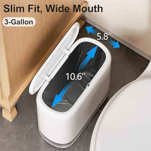 Slim Bathroom Trash Can with Lid - Pop Up & Air-Press Bag Expander - 3 Gallon Small Garbage Can for Bedroom, Dorm, Office(Bin: White | Includes 5 Rolls (75 Bags))