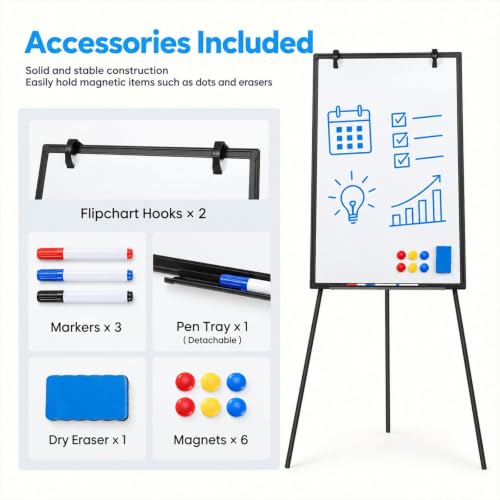 Black Magnetic Whiteboard Easel with Adjustable Tripod Stand, 28"W x 65.4"H