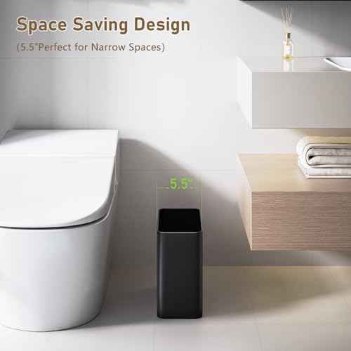 Small Bathroom Trash Can 2.4 Gallon Wastebasket, Slim Metal Garbage Can Matte Black Stainless Steel Trash Bin for Bedroom,Office,Kitchen,Toilet, rv, Near Desk, Under Sink