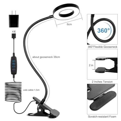 Desk Clip on Lamp for Reading Home Office, with 5V 2A Adapter, 10 Dimmable Brightness 3 Modes, Clamp Reading Light for Bed Headboard, Craft (2packs, Black)¡¦
