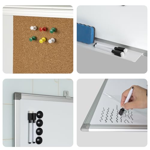 Combination Writeboard 36"x 24" Magnetic Whiteboard & Cork Board Aluminium Frame Dry Erase Board Bulletin Board Wall Mounted Memo Message
