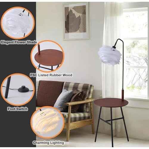 Fiqevs Flower Floor Lamp, Wood Shelf Mid-Century Modern Standing Lamp, Tripod Tall Lamp for Living Room, Bedroom, Office Decor