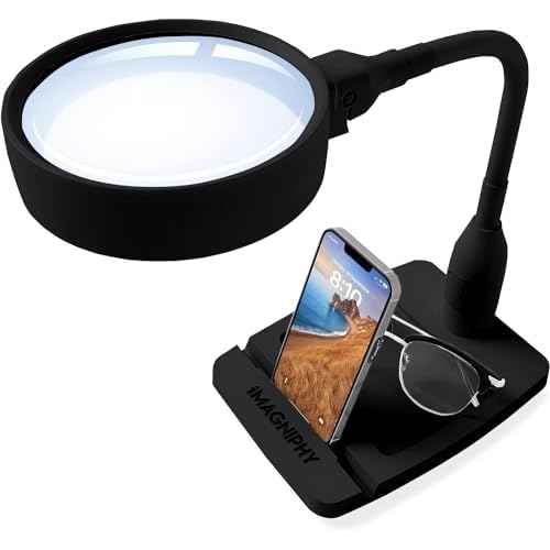 8X Desk Magnifying Light - Magnifying Glass for Reading and Crafts with 6 LEDs (No Glare, No Flickering) - Magnifying Lamp with Light and Stand, 2 Brightness Settings - Ideal for Seniors