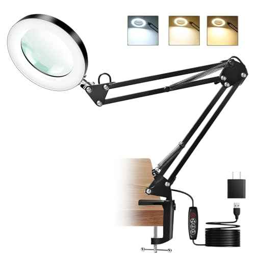 10X Magnifying Glass with Light and Clamp, Real Glass Lens Magnifier Lamp with 3 Color Modes & 270¡Æ LED Light, Dimmable Hands-Free Desk Clamp Lamp for Crafts, Reading, Painting, Repairing