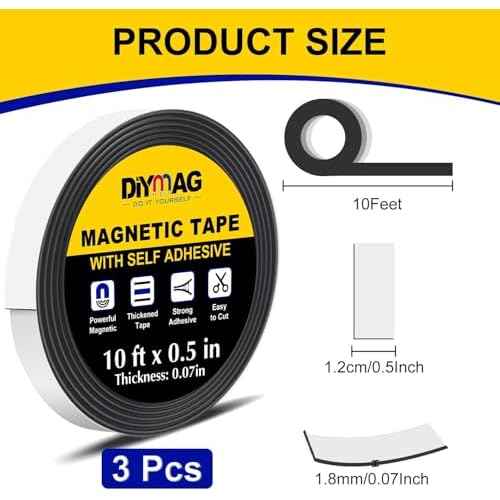 DIYMAG Magnetic Tape, 10 Feet x 1/2 Inch 1 Roll Strong Magnetic Strip with Self Adhesive Flexible Magnet Tape Rolls for Lightweight Craft, DIY Projects, Whiteboards and Fridge Organization