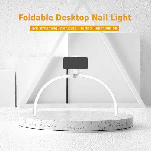 Half Moon Light for Nail Desk, 29In 38W Foldable LED Lash Light with Phone Holder, Nail Tech Light with 3 Color Modes 10 Brightness, Table Nail Desk for Beauty Eyelashes Tattoos Crafts, White