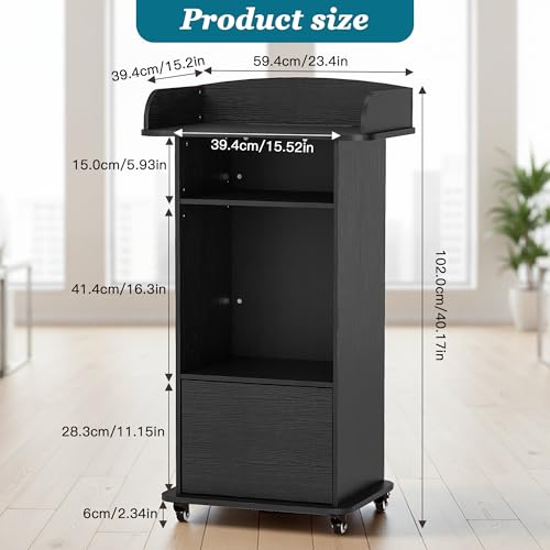 Qriocioa Black Podium Stand with 4 Wheels, Wooden Lectern with Storage